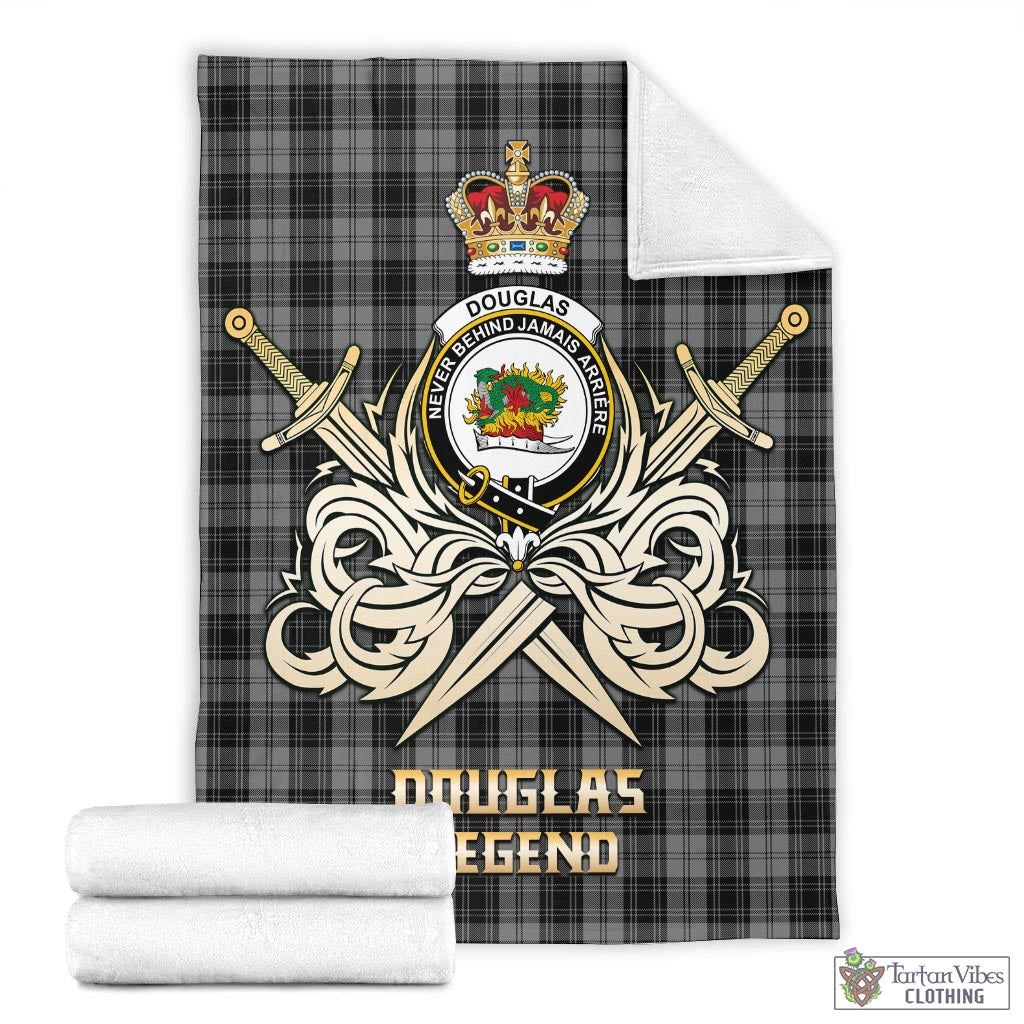 Tartan Vibes Clothing Douglas Grey Tartan Blanket with Clan Crest and the Golden Sword of Courageous Legacy