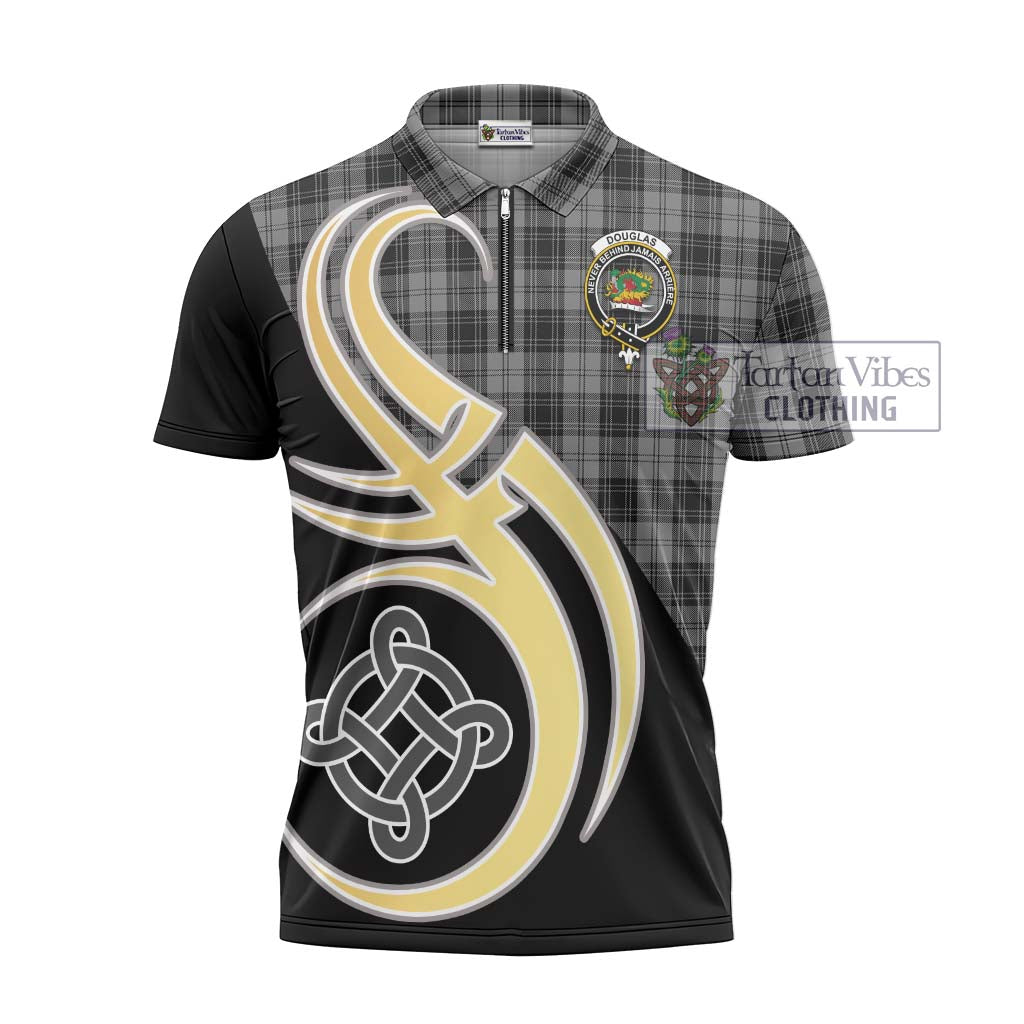 Tartan Vibes Clothing Douglas Grey Tartan Zipper Polo Shirt with Family Crest and Celtic Symbol Style