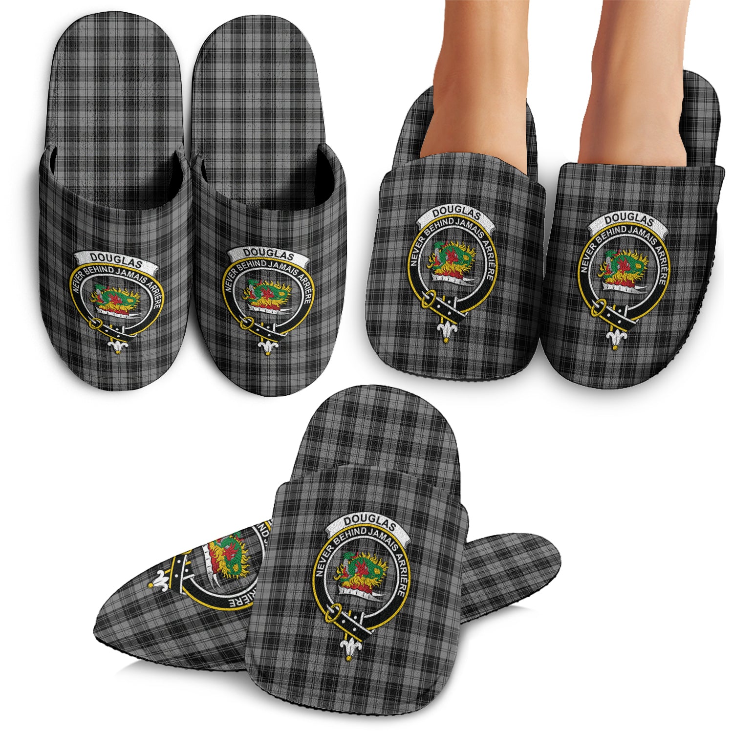 Douglas Grey Tartan Home Slippers with Family Crest - Tartanvibesclothing