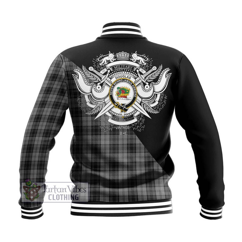 Douglas Grey Tartan Baseball Jacket with Family Crest and Military Logo Style - Tartanvibesclothing Shop