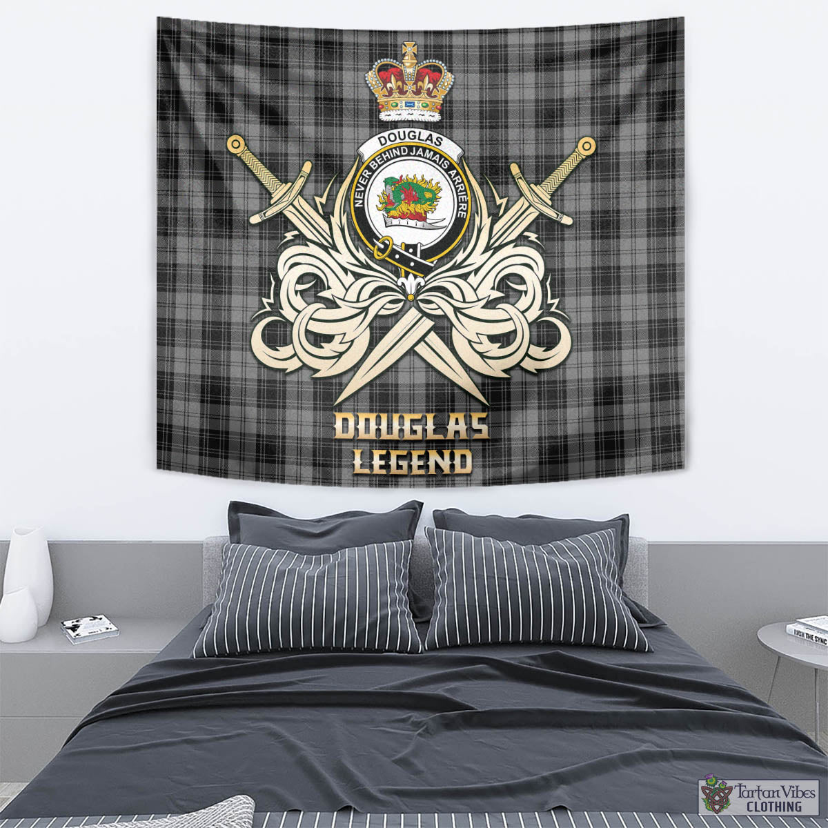 Tartan Vibes Clothing Douglas Grey Tartan Tapestry with Clan Crest and the Golden Sword of Courageous Legacy