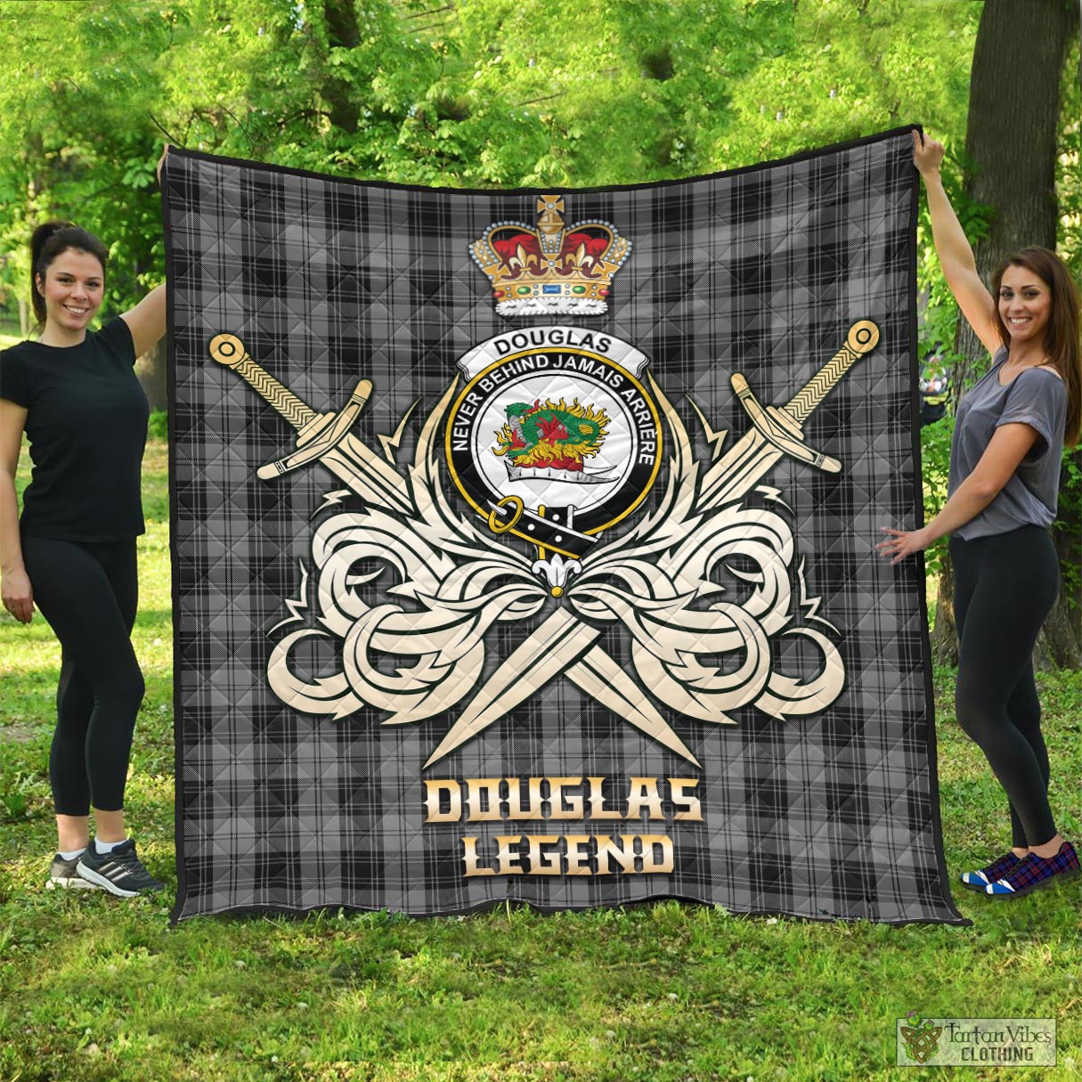 Tartan Vibes Clothing Douglas Grey Tartan Quilt with Clan Crest and the Golden Sword of Courageous Legacy