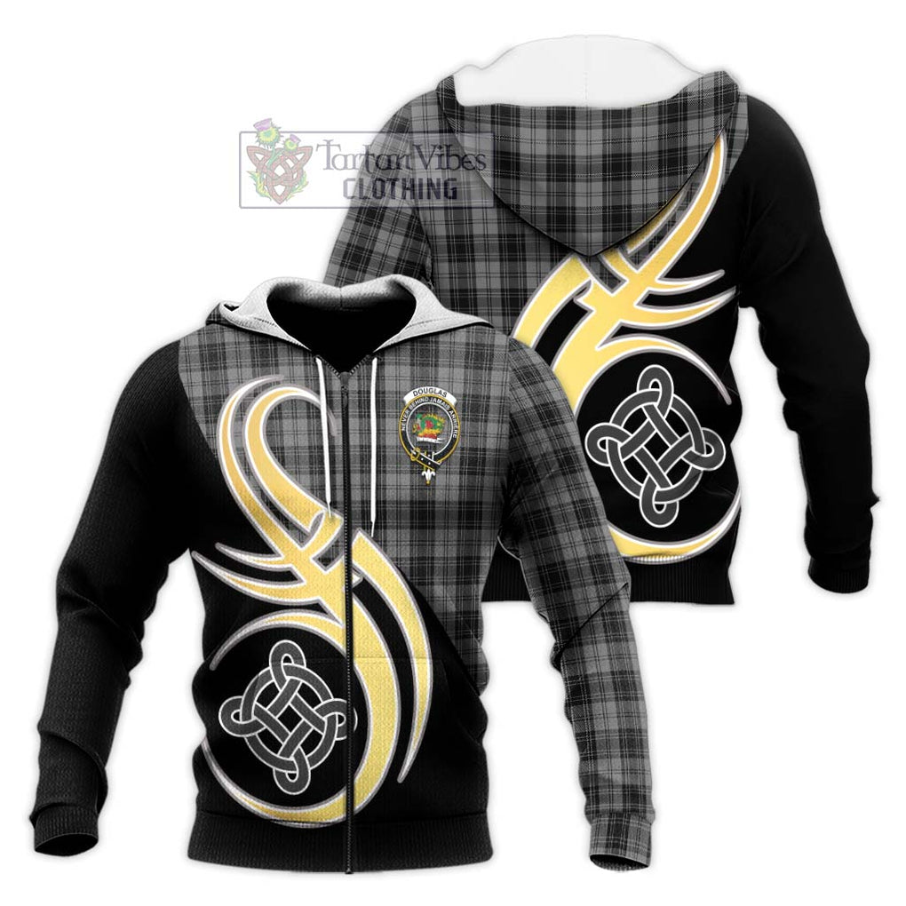 Douglas Grey Tartan Knitted Hoodie with Family Crest and Celtic Symbol Style Unisex Knitted Zip Hoodie - Tartan Vibes Clothing