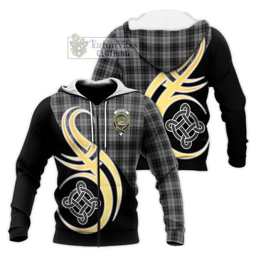 Douglas Grey Tartan Knitted Hoodie with Family Crest and Celtic Symbol Style