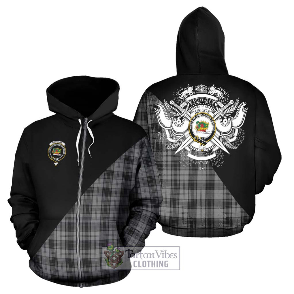 Douglas Grey Tartan Hoodie with Family Crest and Military Logo Style - Tartanvibesclothing Shop