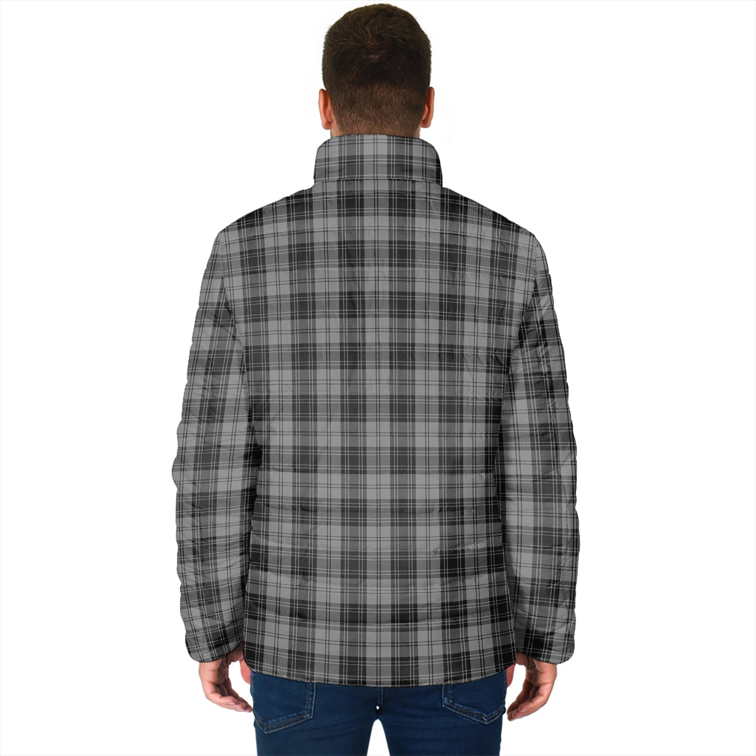 Douglas Grey Tartan Padded Jacket with Family Crest - Tartan Vibes Clothing