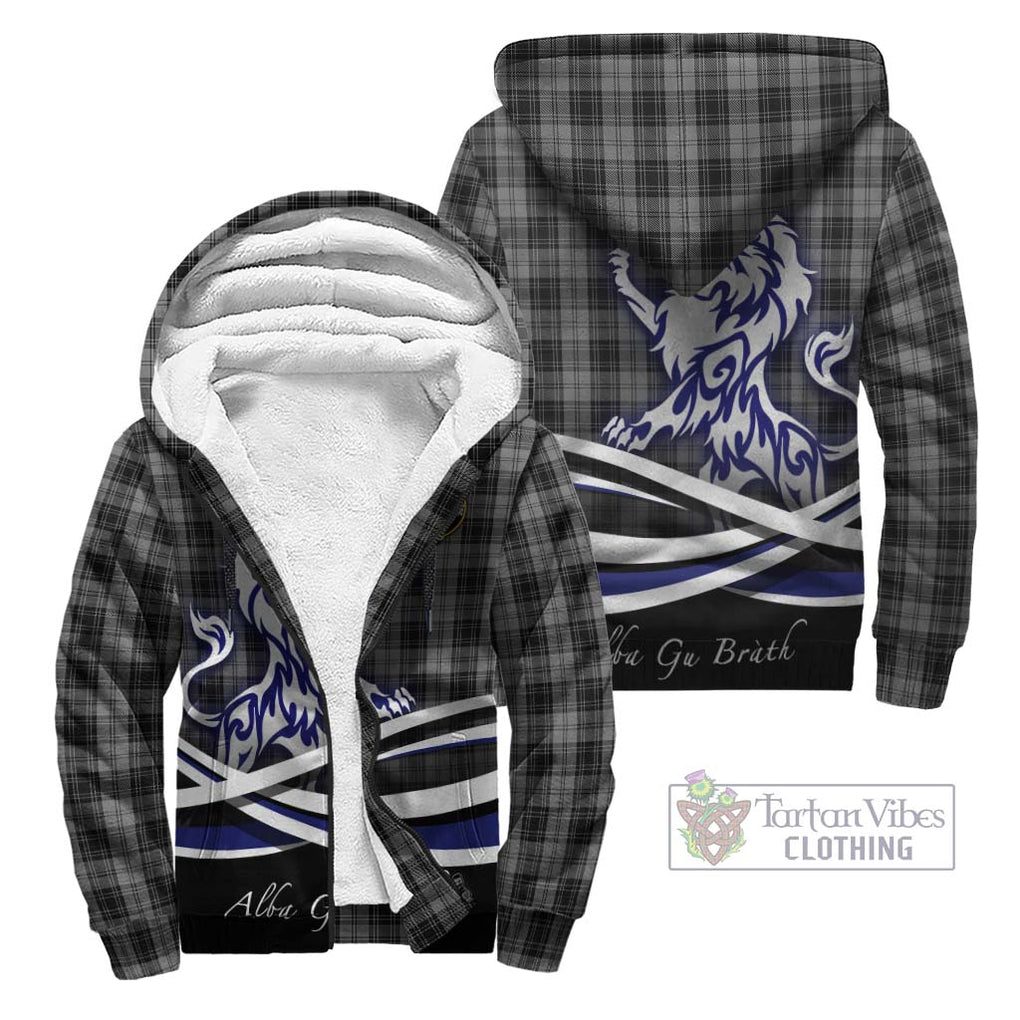 Douglas Grey Tartan Sherpa Hoodie with Alba Gu Brath Regal Lion Emblem Unisex - Tartanvibesclothing Shop