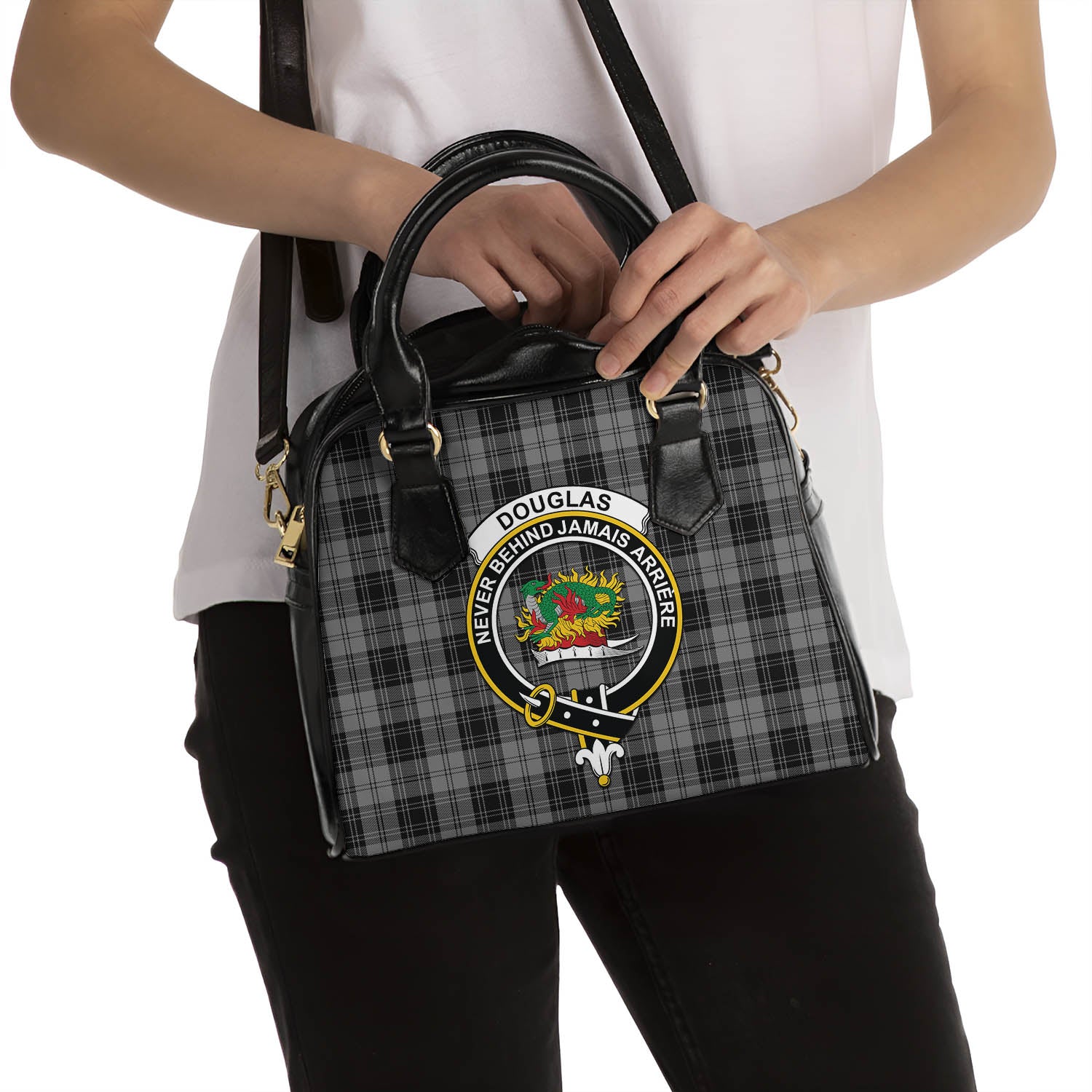 Douglas Grey Tartan Shoulder Handbags with Family Crest - Tartanvibesclothing