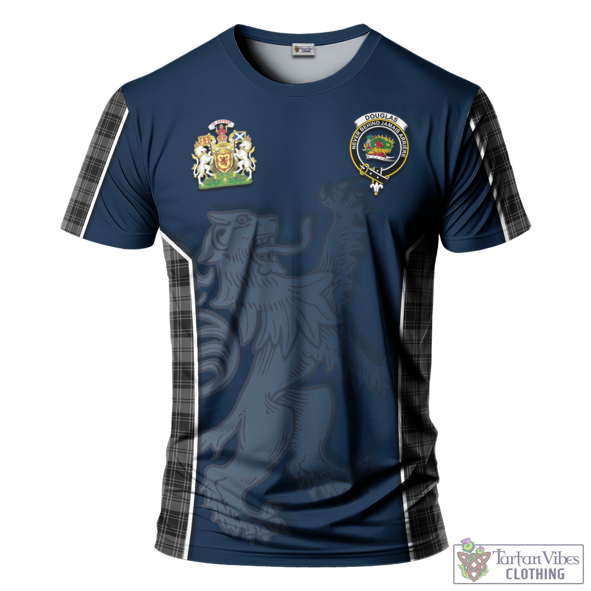 Tartan Vibes Clothing Douglas Grey Tartan T-Shirt with Family Crest and Lion Rampant Vibes Sport Style