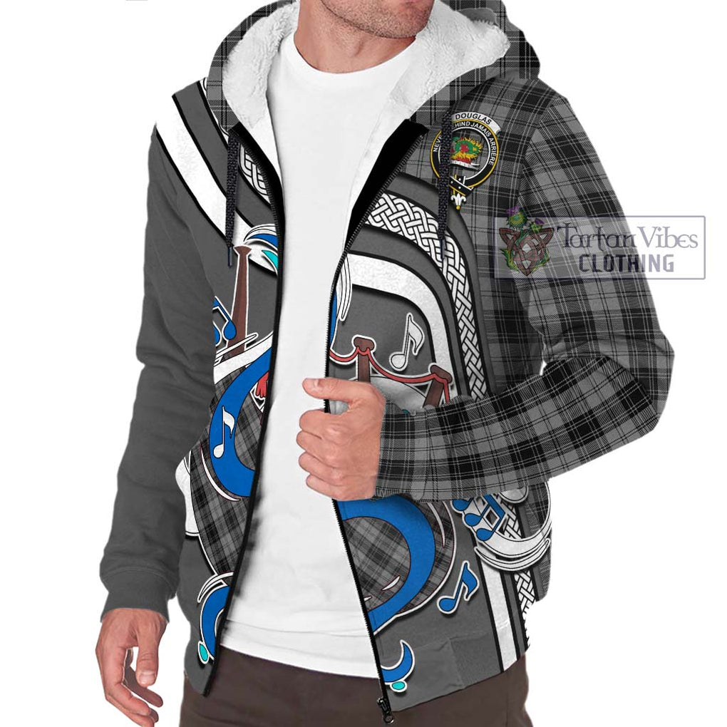 Douglas Grey Tartan Sherpa Hoodie with Epic Bagpipe Style Unisex - Tartanvibesclothing Shop