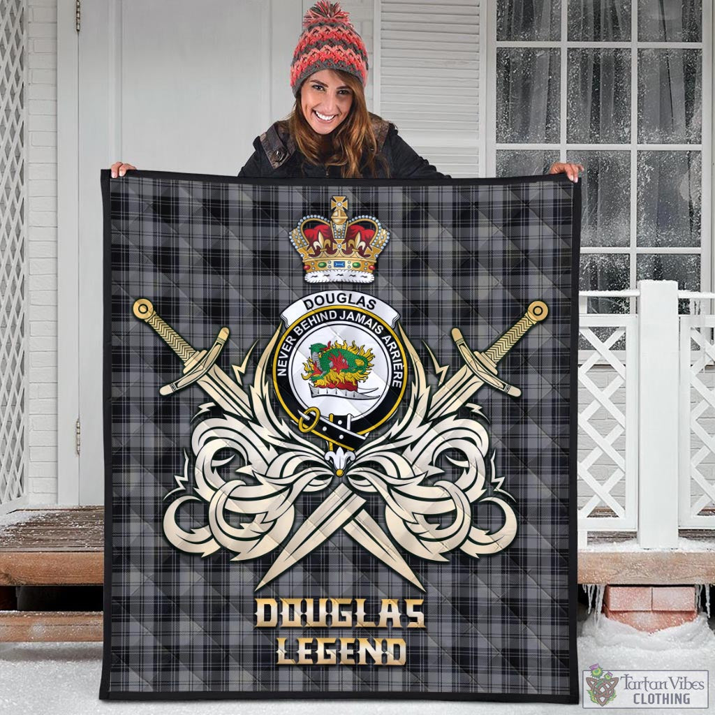 Tartan Vibes Clothing Douglas Grey Tartan Quilt with Clan Crest and the Golden Sword of Courageous Legacy