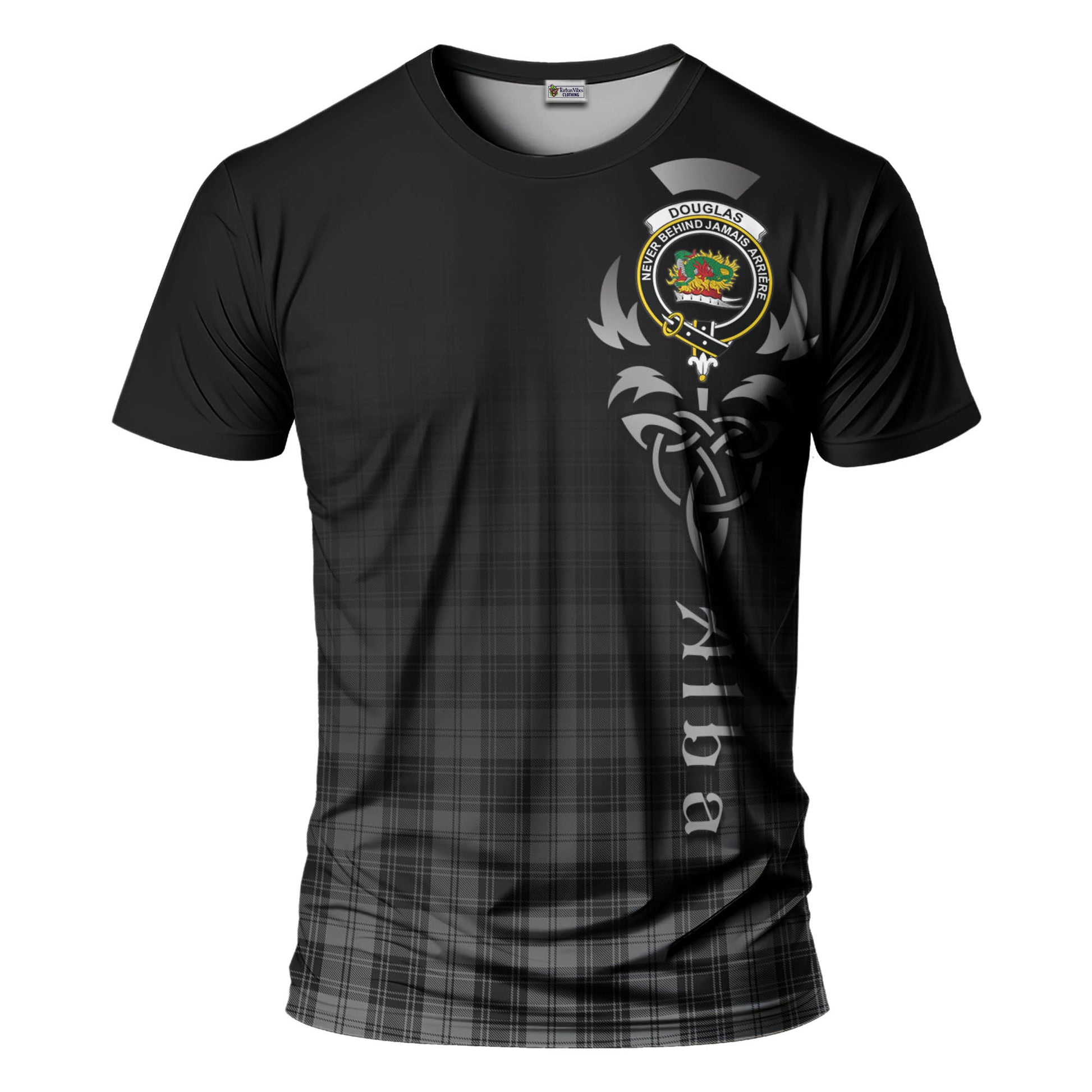 Tartan Vibes Clothing Douglas Grey Tartan T-Shirt Featuring Alba Gu Brath Family Crest Celtic Inspired