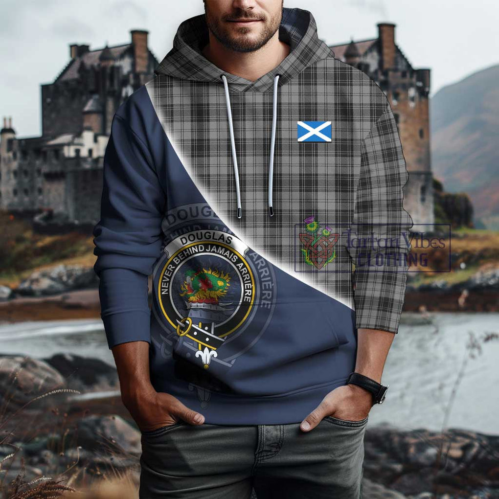 Douglas Grey Tartan Hoodie with Personalised National Flag and Family Crest Half Style - Tartanvibesclothing Shop