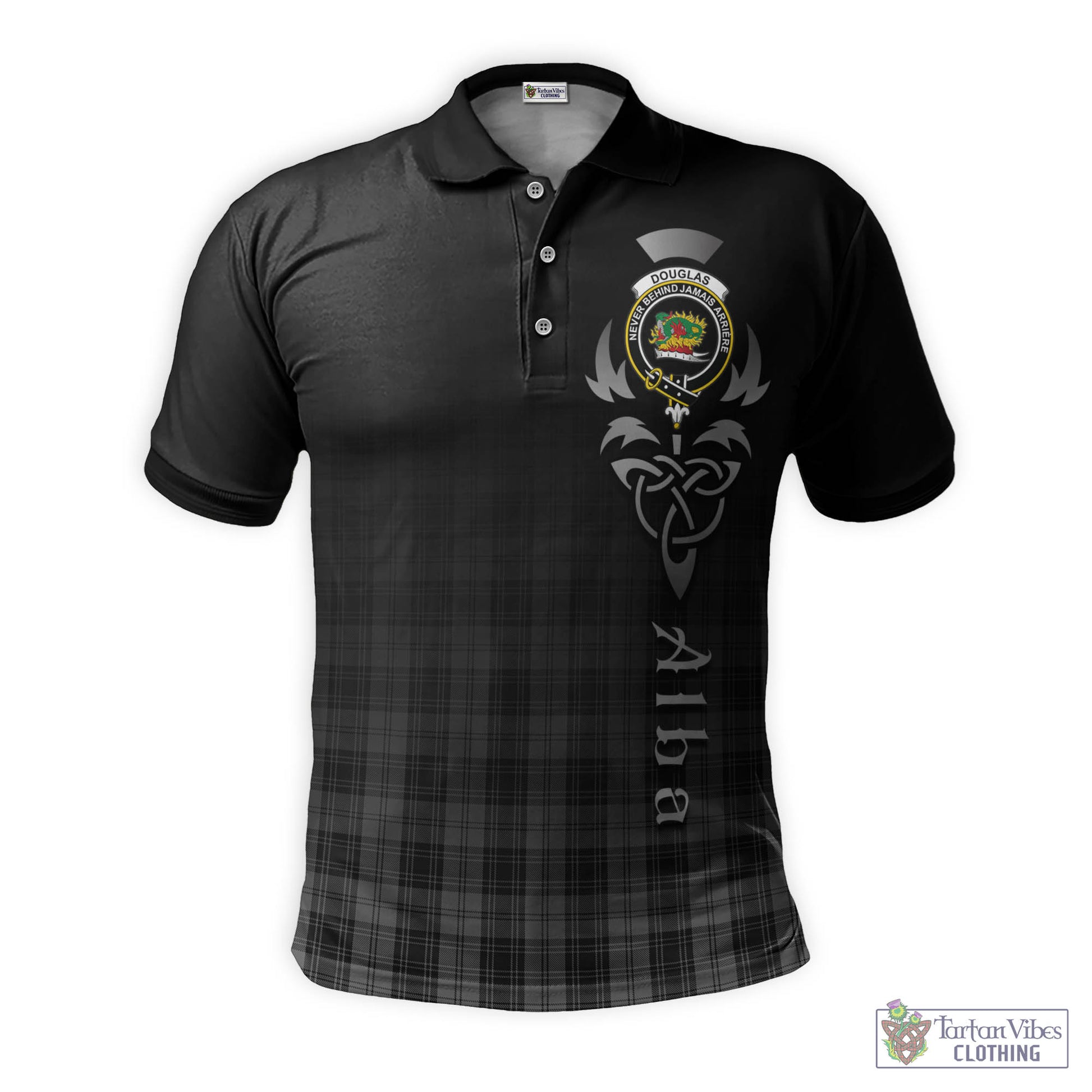 Tartan Vibes Clothing Douglas Grey Tartan Polo Shirt Featuring Alba Gu Brath Family Crest Celtic Inspired