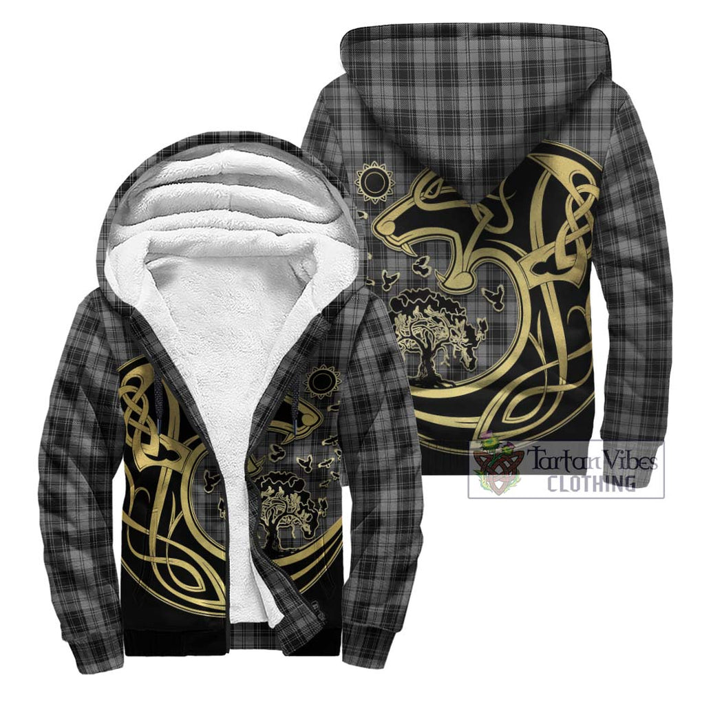 Douglas Grey Tartan Sherpa Hoodie with Family Crest Celtic Wolf Style Unisex - Tartan Vibes Clothing