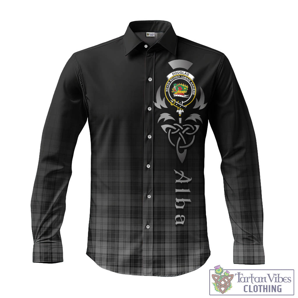 Tartan Vibes Clothing Douglas Grey Tartan Long Sleeve Button Up Featuring Alba Gu Brath Family Crest Celtic Inspired