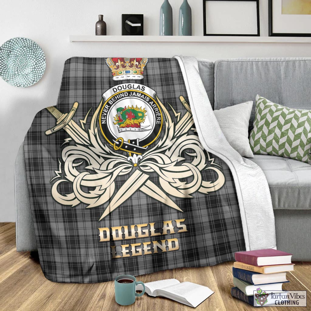 Tartan Vibes Clothing Douglas Grey Tartan Blanket with Clan Crest and the Golden Sword of Courageous Legacy