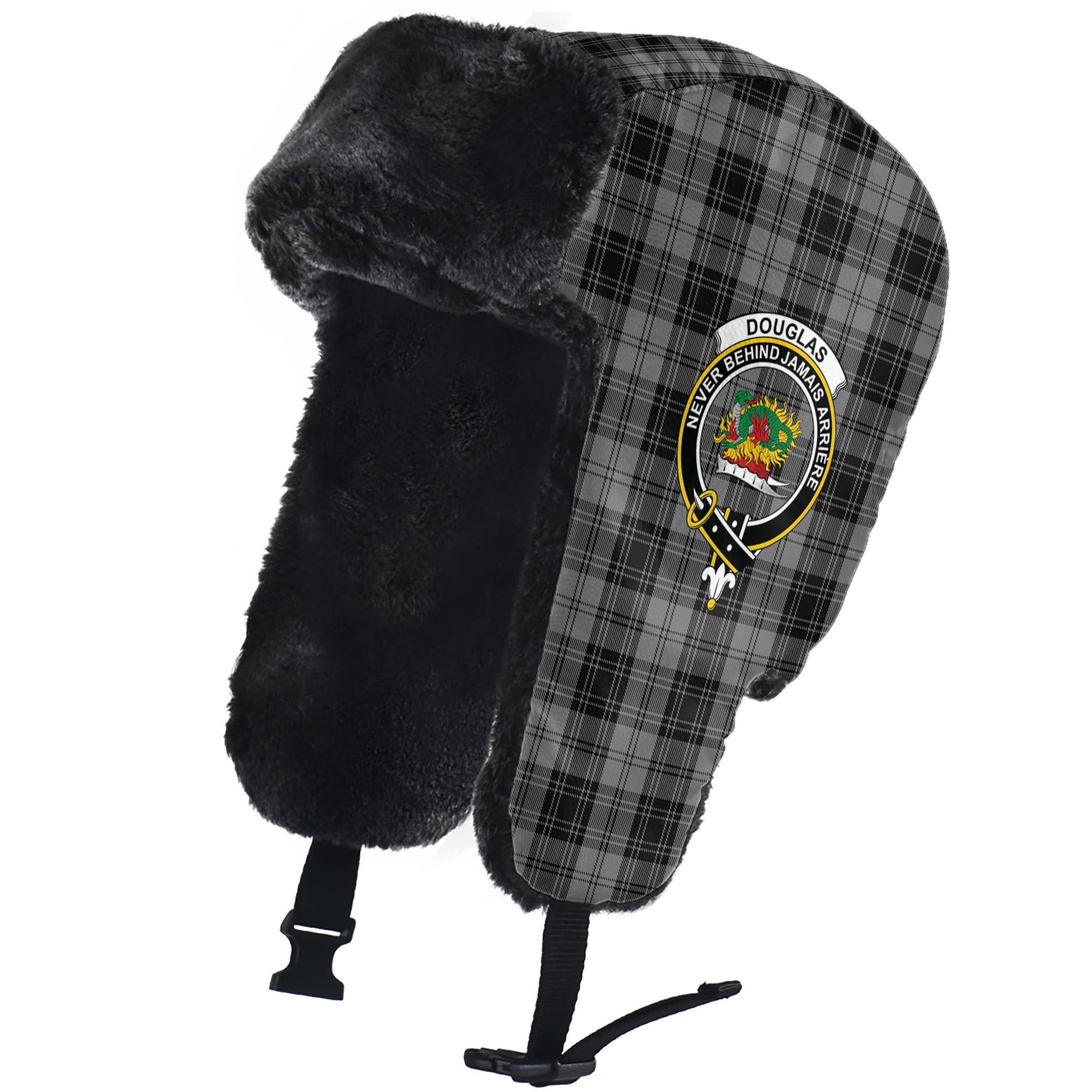 Douglas Grey Tartan Winter Trapper Hat with Family Crest - Tartanvibesclothing