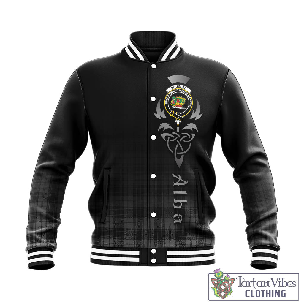 Tartan Vibes Clothing Douglas Grey Tartan Baseball Jacket Featuring Alba Gu Brath Family Crest Celtic Inspired