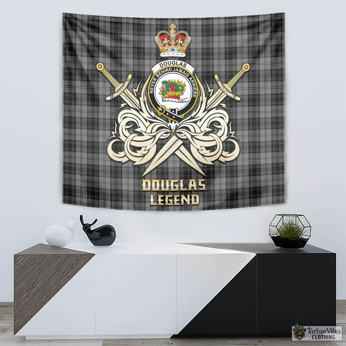 Tartan Vibes Clothing Douglas Grey Tartan Tapestry with Clan Crest and the Golden Sword of Courageous Legacy