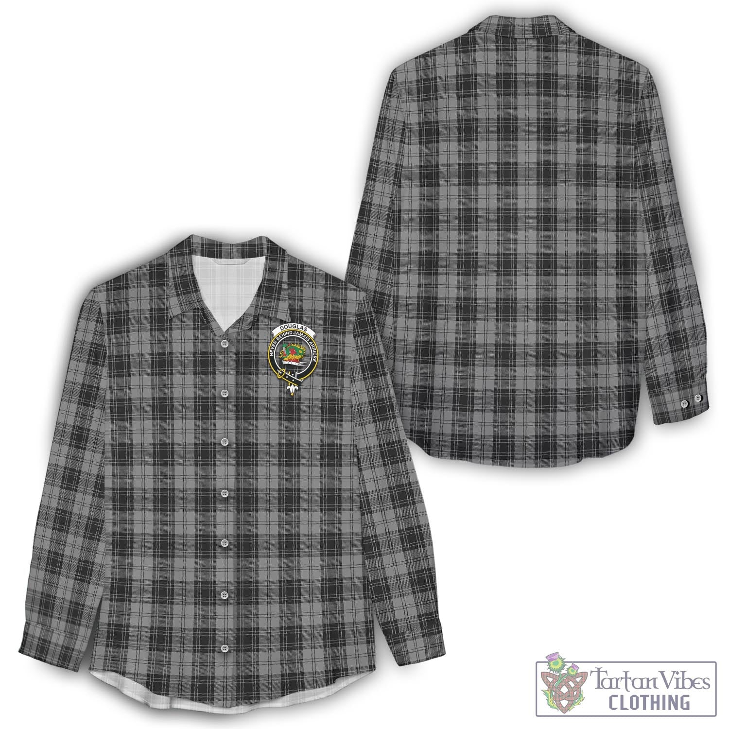 Tartan Vibes Clothing Douglas Grey Tartan Womens Casual Shirt with Family Crest