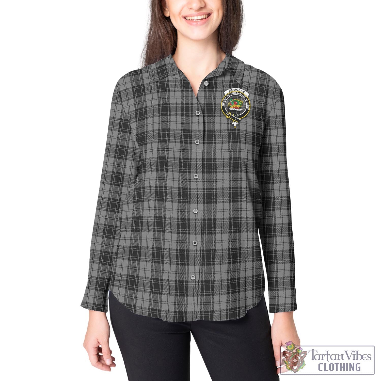 Tartan Vibes Clothing Douglas Grey Tartan Womens Casual Shirt with Family Crest