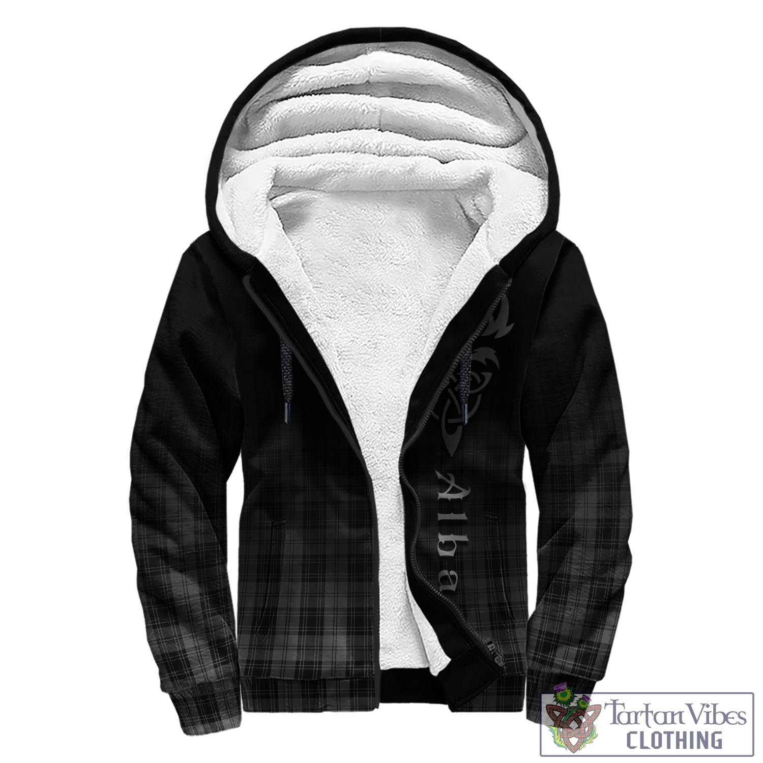 Tartan Vibes Clothing Douglas Grey Tartan Sherpa Hoodie Featuring Alba Gu Brath Family Crest Celtic Inspired