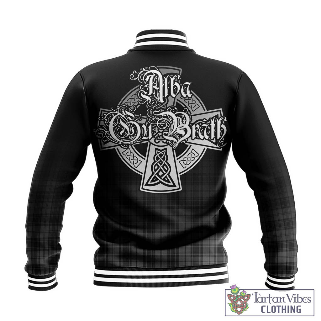 Tartan Vibes Clothing Douglas Grey Tartan Baseball Jacket Featuring Alba Gu Brath Family Crest Celtic Inspired