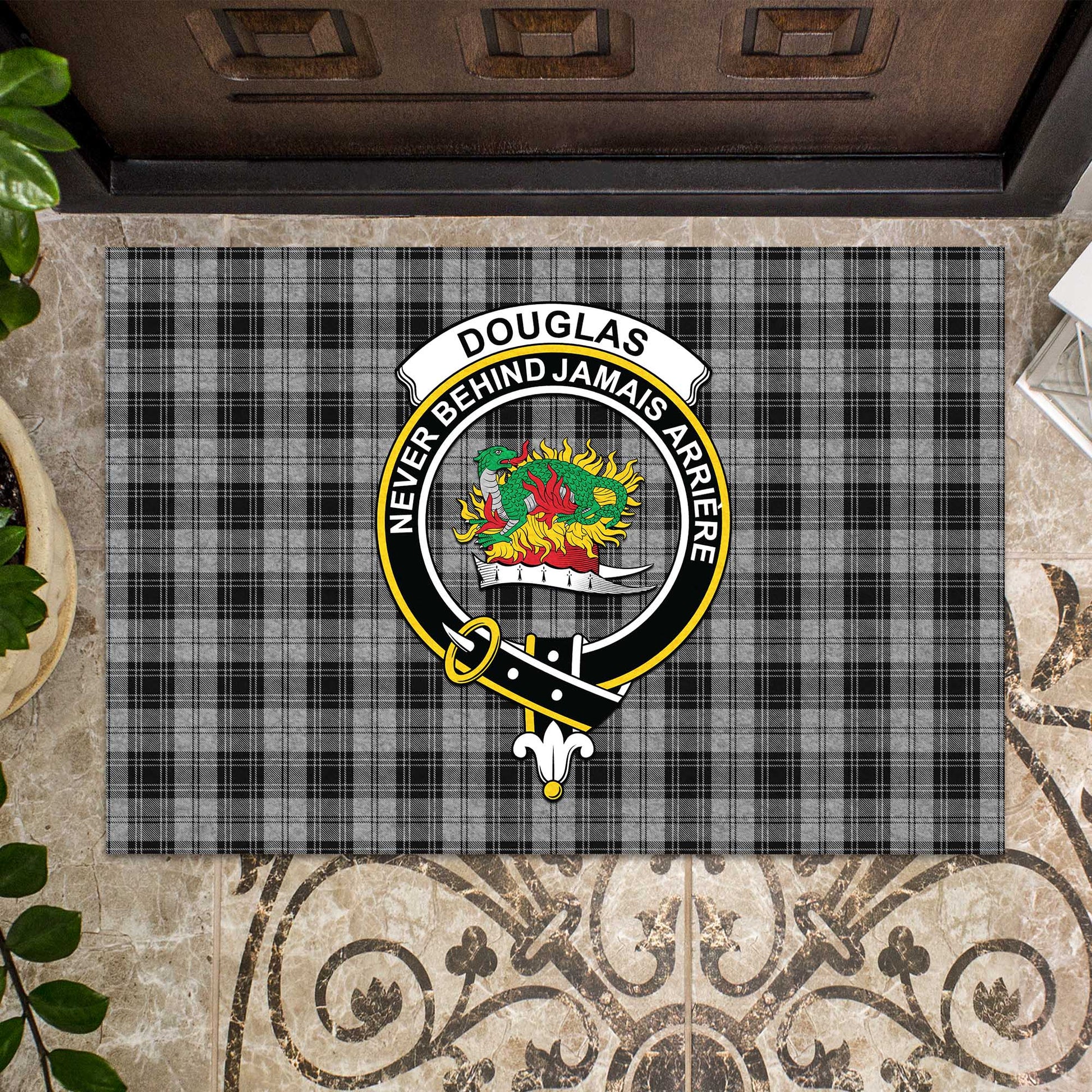 Douglas Grey Tartan Door Mat with Family Crest - Tartanvibesclothing