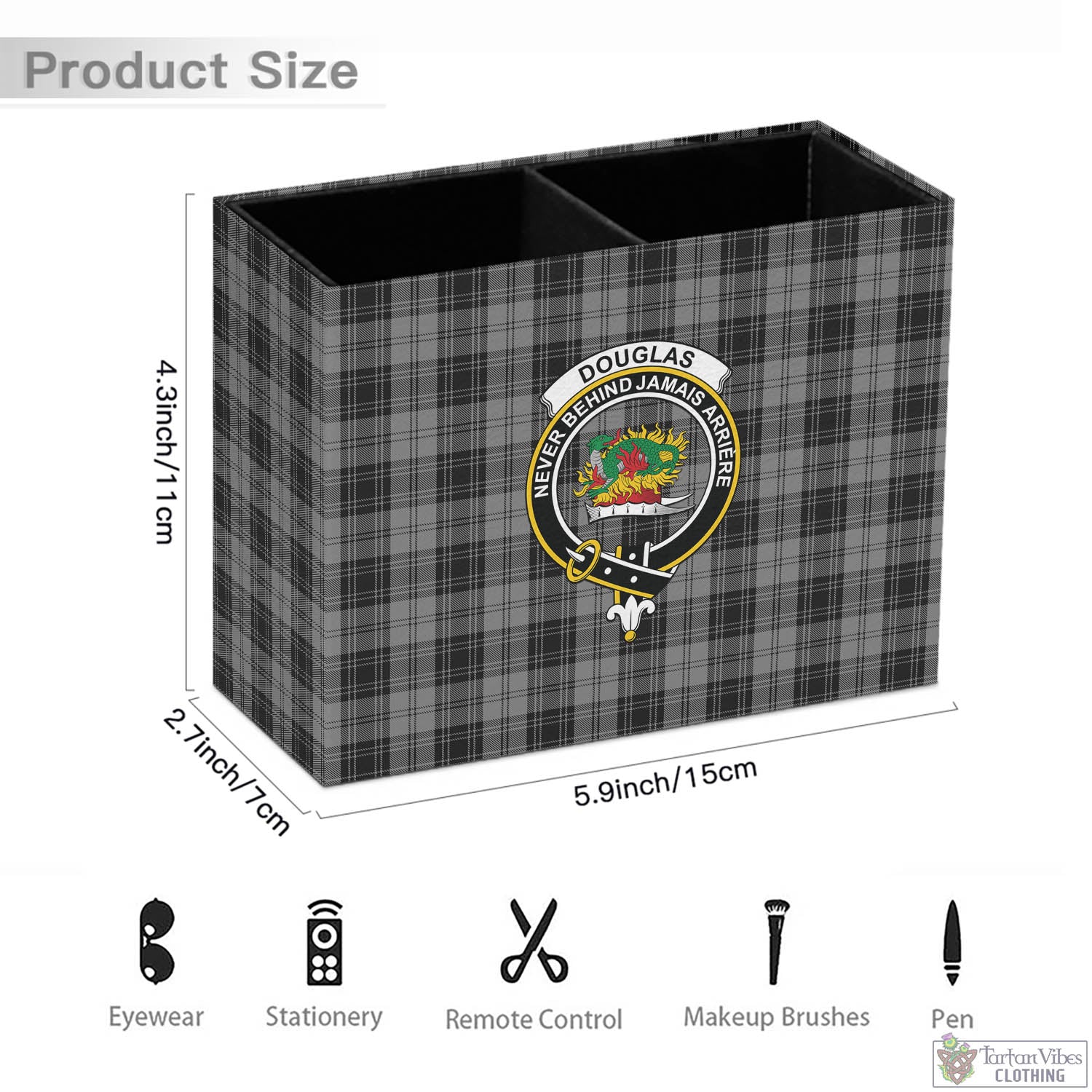 Tartan Vibes Clothing Douglas Grey Tartan Pen Holder with Family Crest