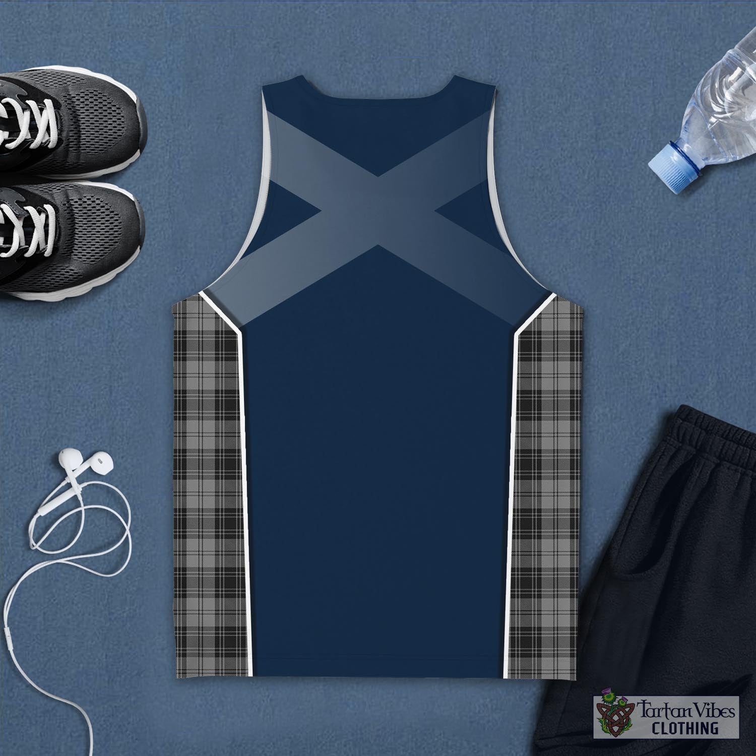 Tartan Vibes Clothing Douglas Grey Tartan Men's Tanks Top with Family Crest and Scottish Thistle Vibes Sport Style