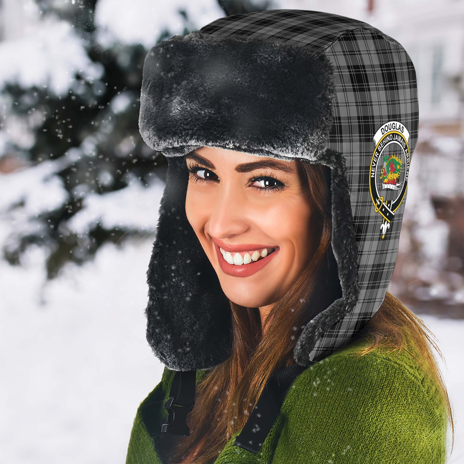 Douglas Grey Tartan Winter Trapper Hat with Family Crest - Tartanvibesclothing