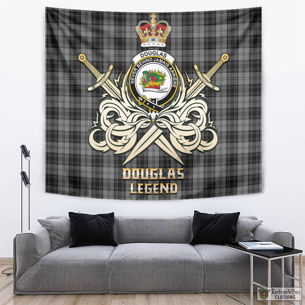 Tartan Vibes Clothing Douglas Grey Tartan Tapestry with Clan Crest and the Golden Sword of Courageous Legacy