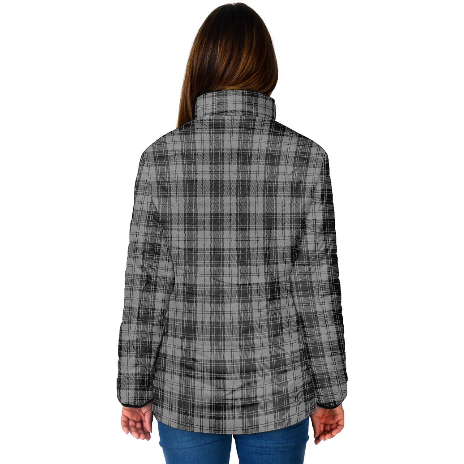 Douglas Grey Tartan Padded Jacket with Family Crest - Tartan Vibes Clothing