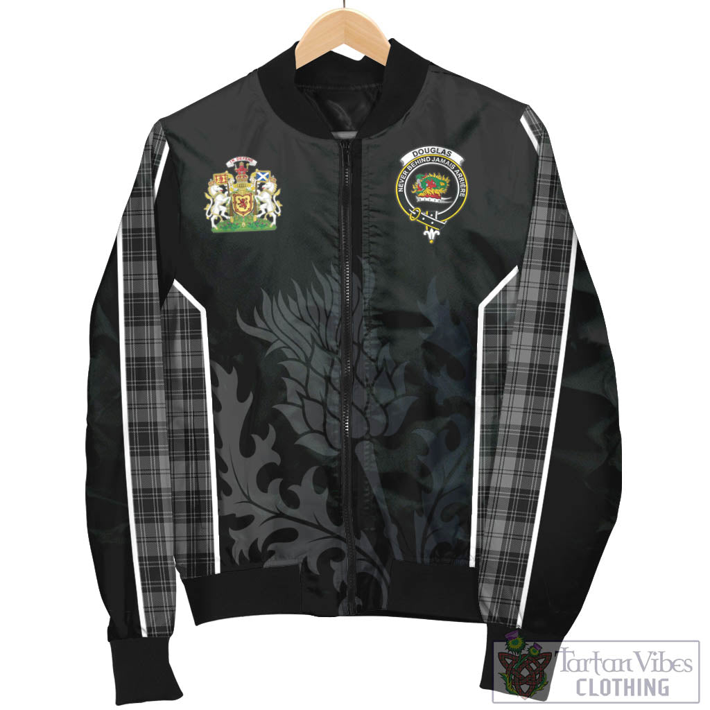 Tartan Vibes Clothing Douglas Grey Tartan Bomber Jacket with Family Crest and Scottish Thistle Vibes Sport Style