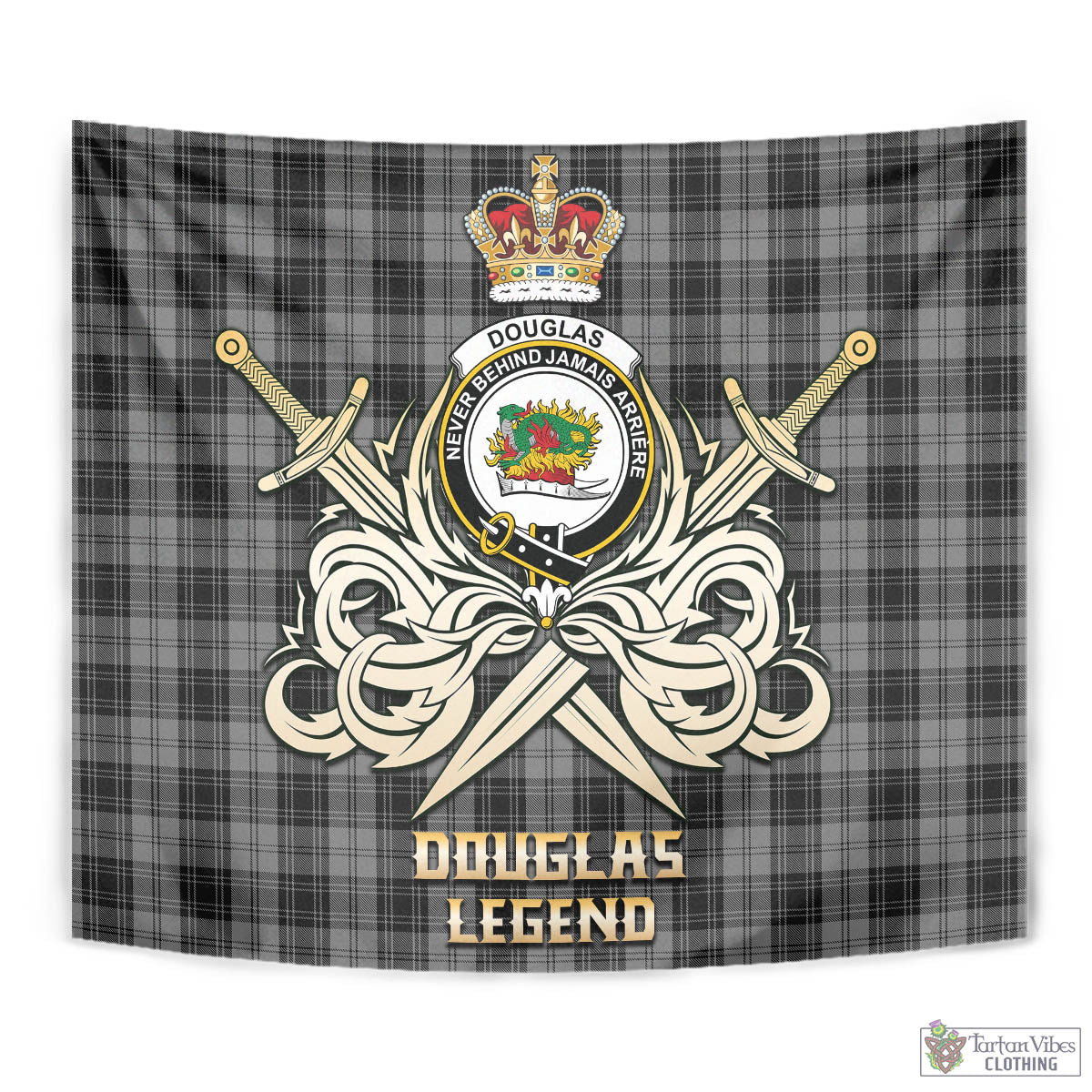 Tartan Vibes Clothing Douglas Grey Tartan Tapestry with Clan Crest and the Golden Sword of Courageous Legacy