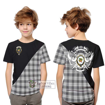 Douglas Grey Modern Tartan Kid T-Shirt with Family Crest and Military Logo Style