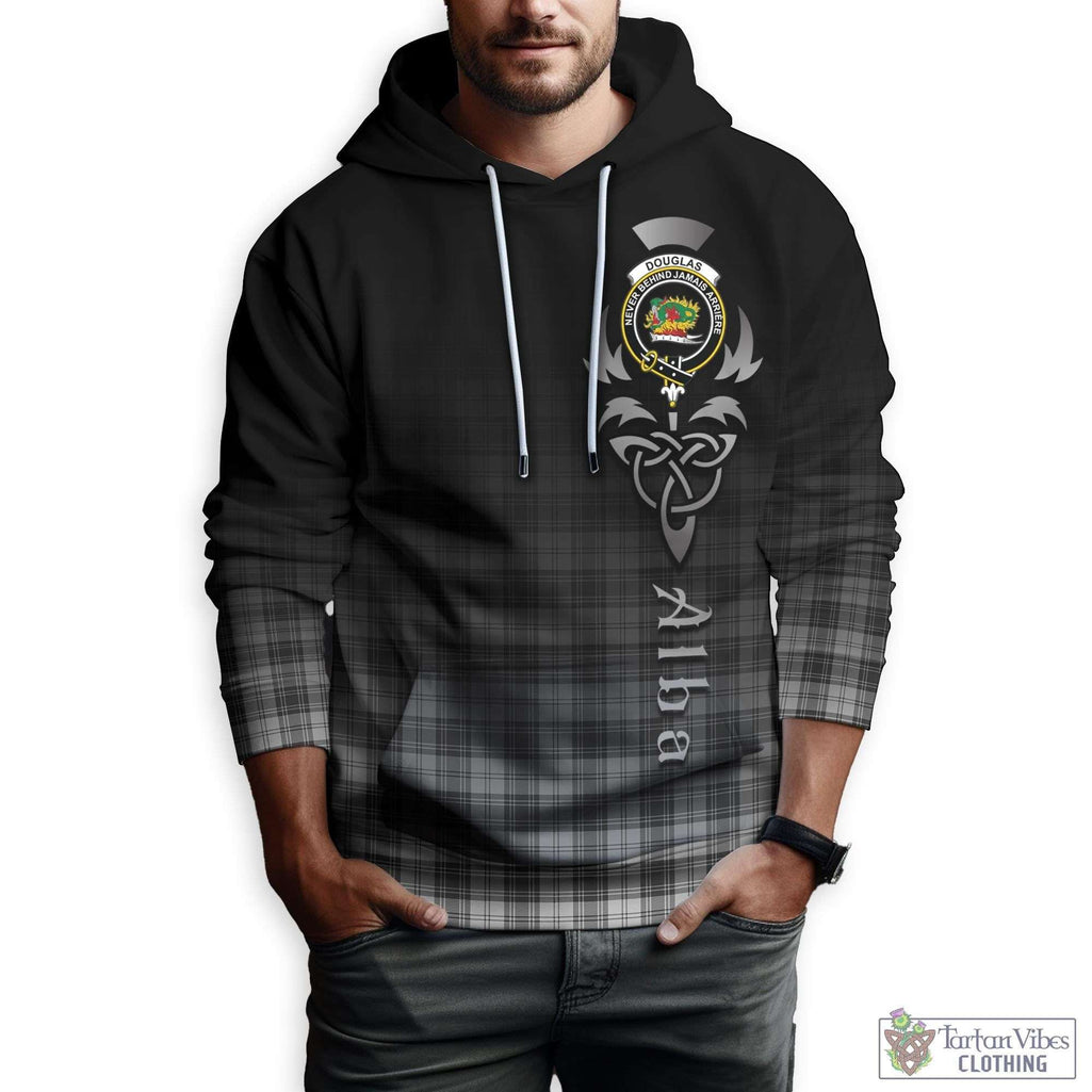 Tartan Vibes Clothing Douglas Grey Modern Tartan Hoodie Featuring Alba Gu Brath Family Crest Celtic Inspired