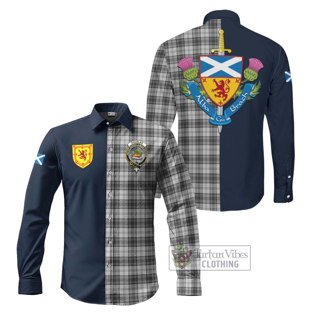 Tartan Vibes Clothing Douglas Grey Modern Tartan Long Sleeve Button Shirt with Scottish Lion Royal Arm Half Style