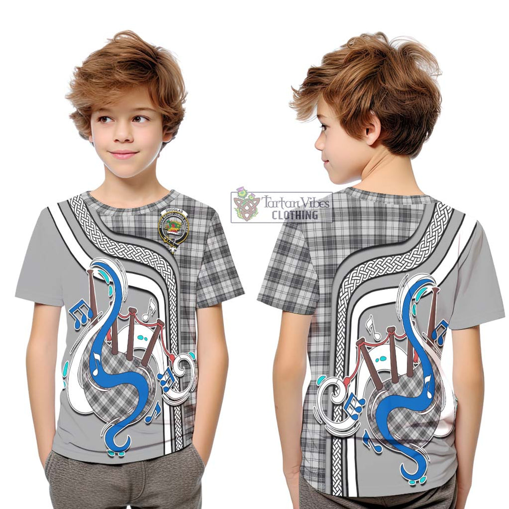 Tartan Vibes Clothing Douglas Grey Modern Tartan Kid T-Shirt with Epic Bagpipe Style