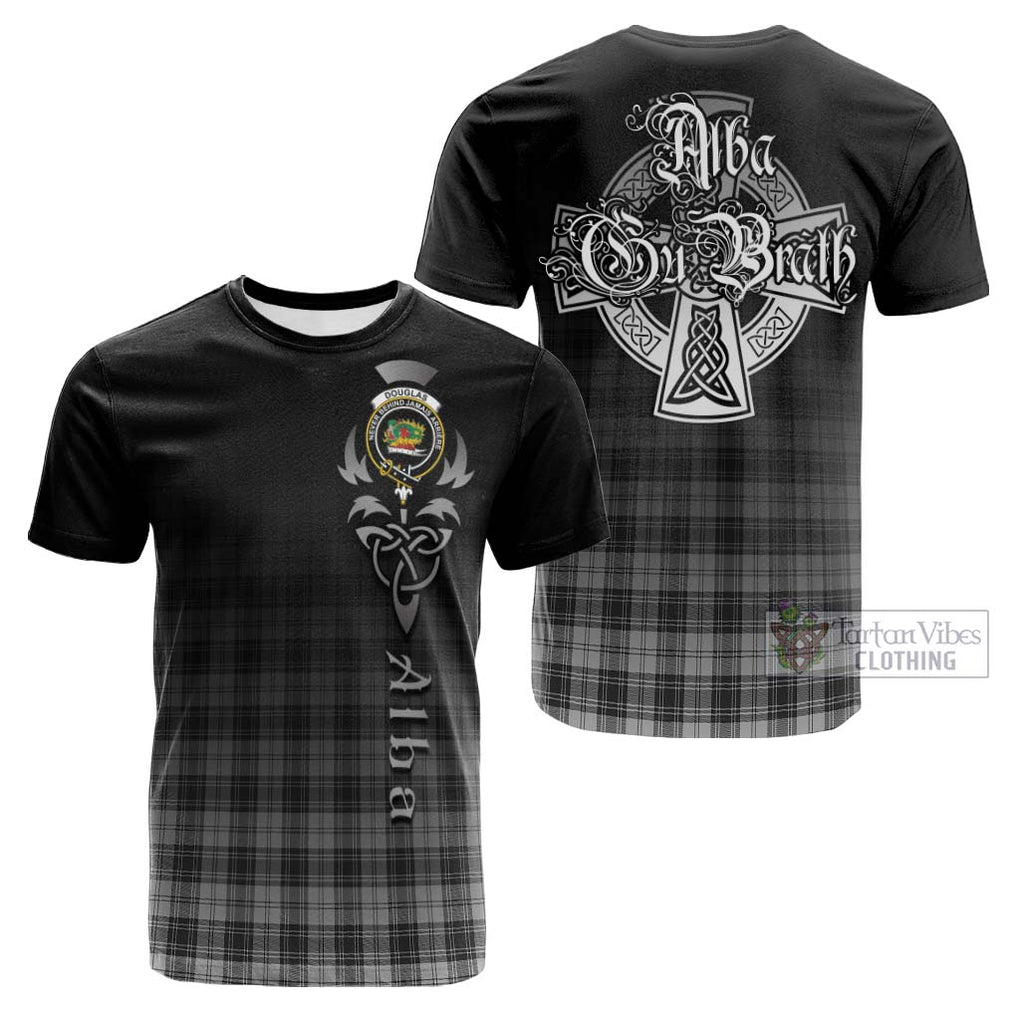 Tartan Vibes Clothing Douglas Grey Modern Tartan Cotton T-shirt Featuring Alba Gu Brath Family Crest Celtic Inspired