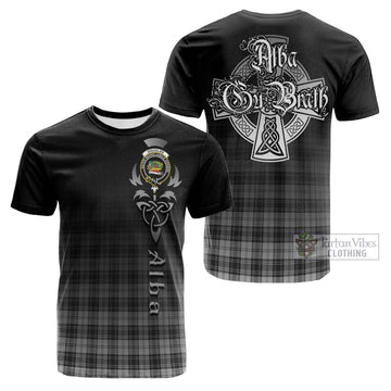 Douglas Grey Modern Tartan Cotton T-shirt Featuring Alba Gu Brath Family Crest Celtic Inspired