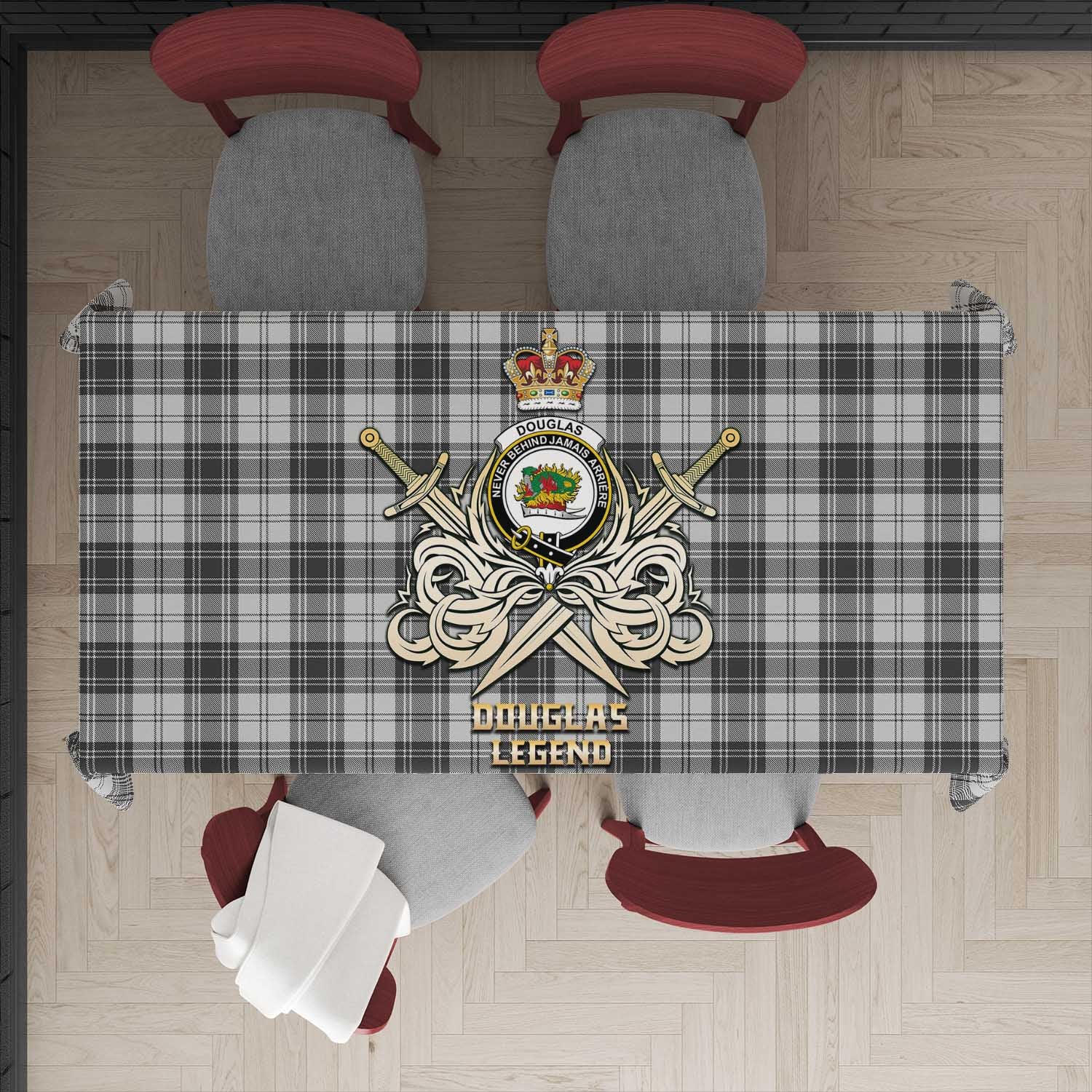 Tartan Vibes Clothing Douglas Grey Modern Tartan Tablecloth with Clan Crest and the Golden Sword of Courageous Legacy