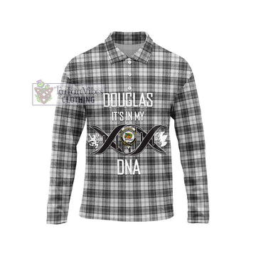 Douglas Grey Modern Tartan Long Sleeve Polo Shirt with Family Crest DNA In Me Style