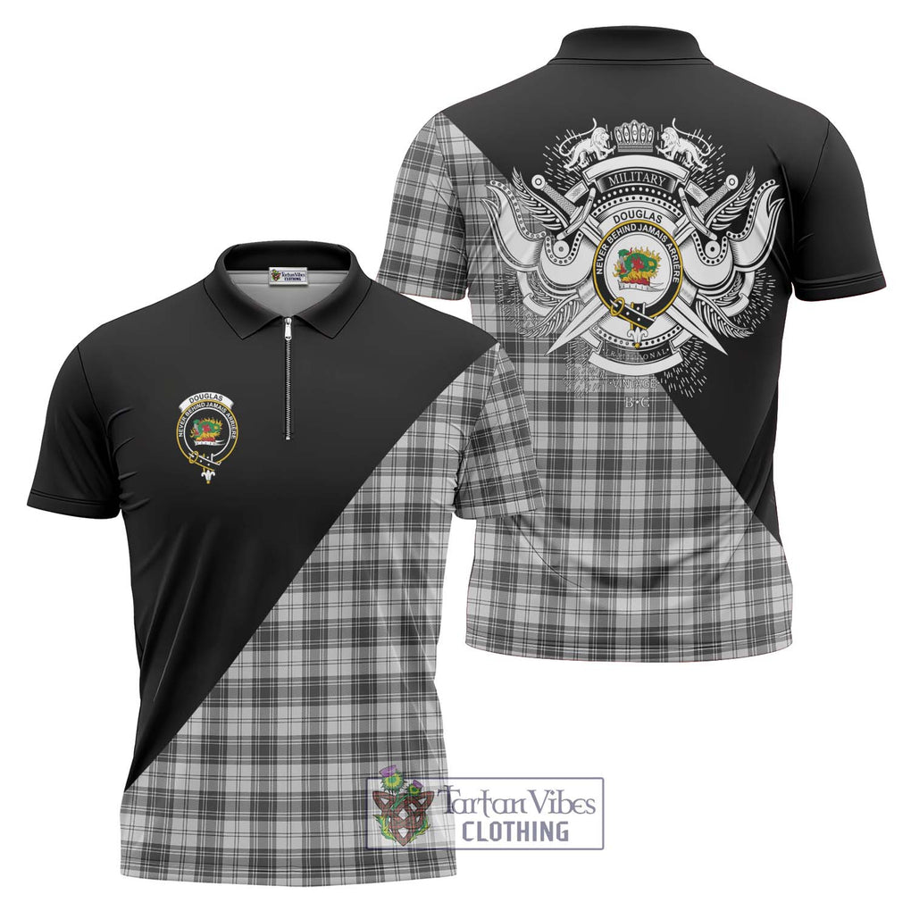 Douglas Grey Modern Tartan Zipper Polo Shirt with Family Crest and Military Logo Style Unisex - Tartanvibesclothing Shop