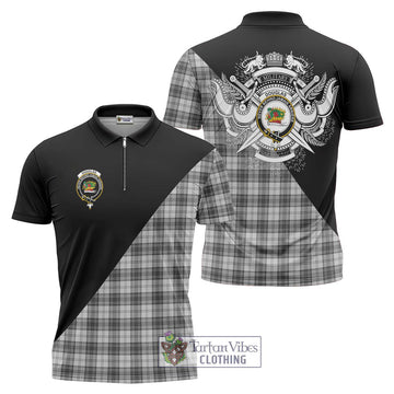 Douglas Grey Modern Tartan Zipper Polo Shirt with Family Crest and Military Logo Style