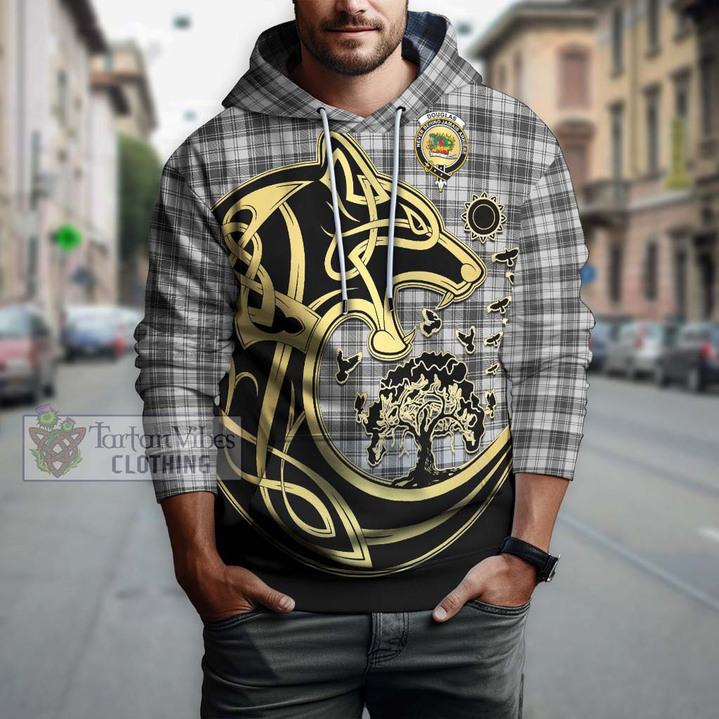 Douglas Grey Modern Tartan Hoodie with Family Crest Celtic Wolf Style Zip Hoodie - Tartan Vibes Clothing