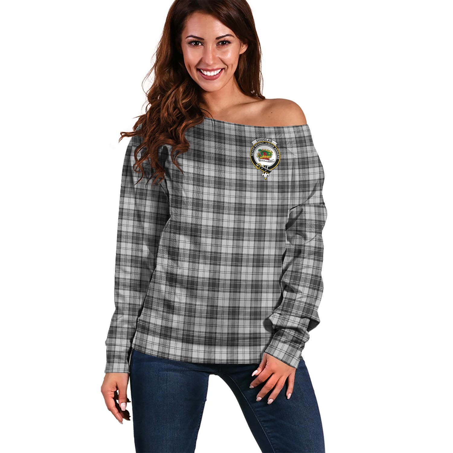 Douglas Grey Modern Tartan Off Shoulder Women Sweater with Family Crest Women - Tartanvibesclothing