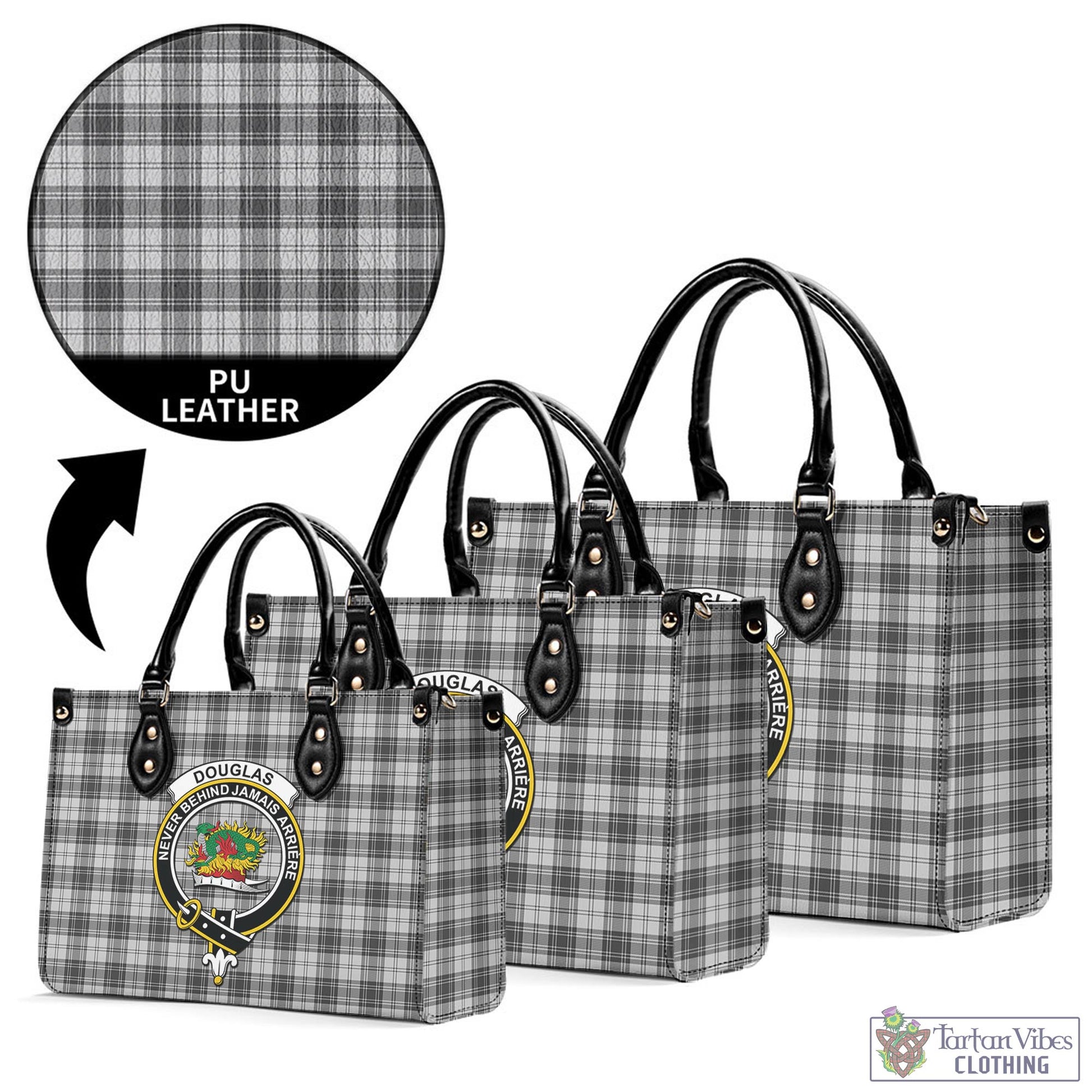 Tartan Vibes Clothing Douglas Grey Modern Tartan Luxury Leather Handbags with Family Crest