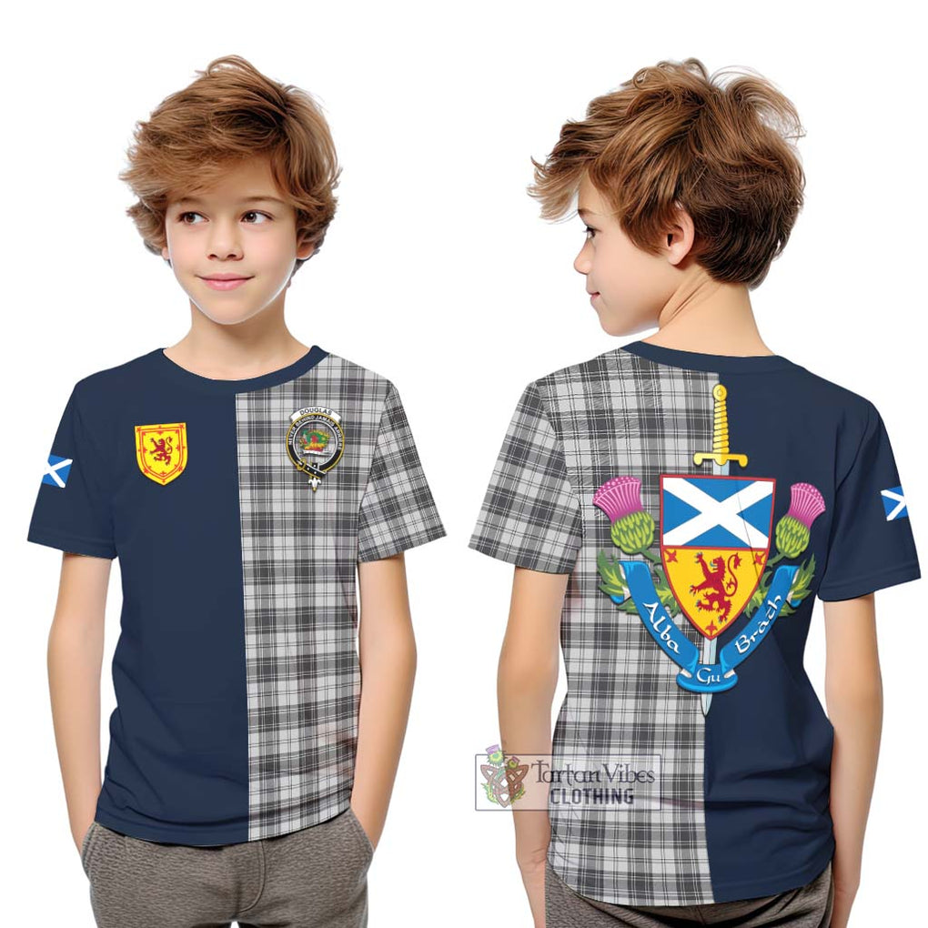 Tartan Vibes Clothing Douglas Grey Modern Tartan Kid T-Shirt with Scottish Lion Royal Arm Half Style